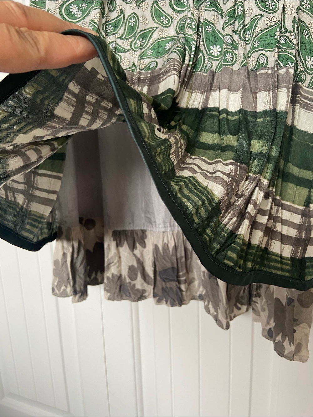 Gray Green Mixed Print Rayon Empire Waist A-Line Dress - Picture 7 of 13